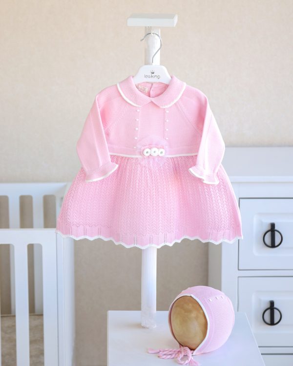 Sweet Pea Pink Knit Dress & Bonnet Set